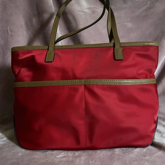 Michael Kors Red Nylon and Brown Saffiano Leather Tote/ Satchel/ Handbag - Picture 2 of 12